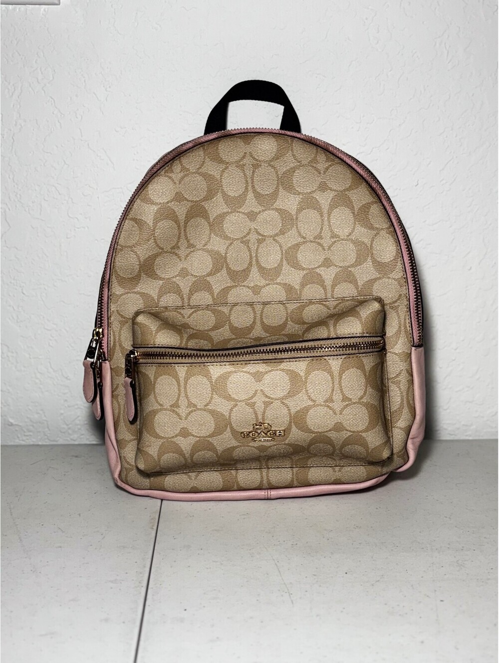 Coach Medium Backpack Signature C Canvas Khaki Pink Trim Daypack